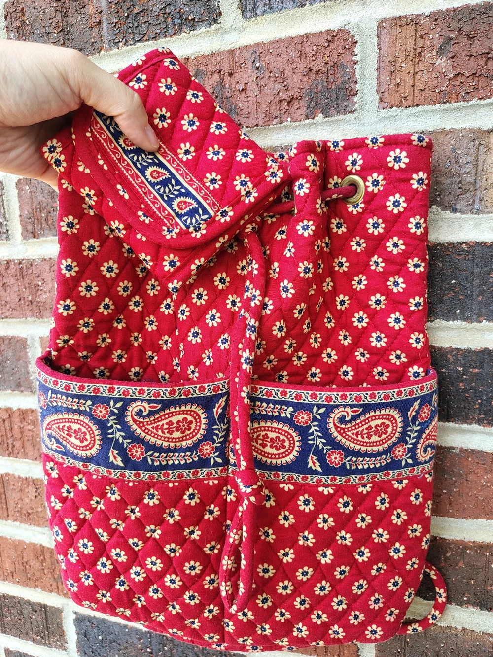 Vtg Vera Bradley Quilted Drawstring Backpack & Trifold Wallet Set Red Paisley
